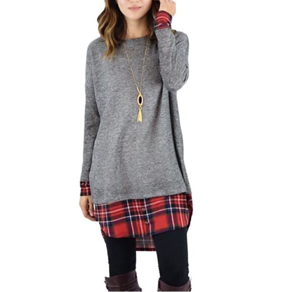 EGS new charcoal grey shirt w Red plaid contrast accent mixed media tunic size L - Picture 1 of 15